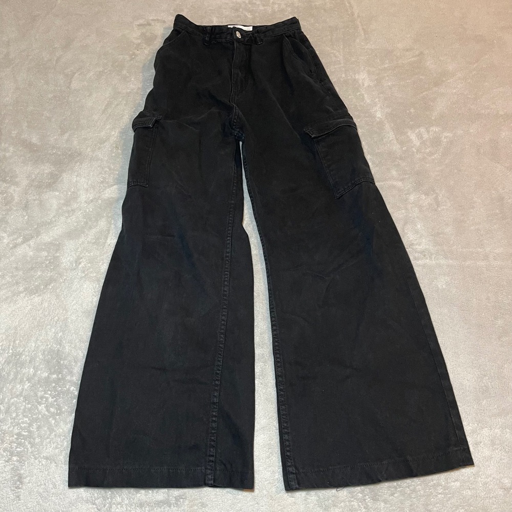 Bershka Pants Womens 2 Black Wide Leg Cargo High Waisted Denim Jeans Streetwear